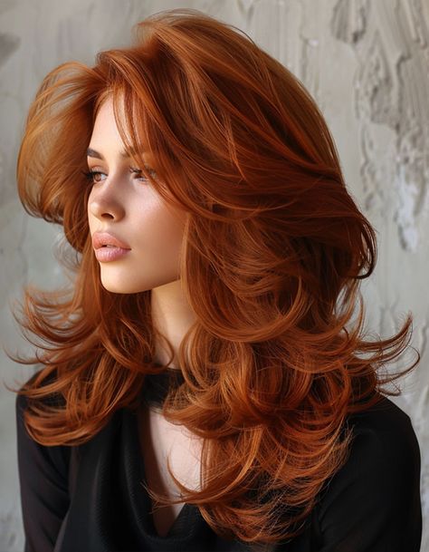 Fiery Auburn Layers, Long Butterfly Layered Haircut Red Butterfly Haircut, Butterfly Haircut Red Hair, Red Hair Layers, Long Layered Cuts, Chic Haircut, Soft Blonde, Oval Face Haircuts, Peach Hair, How To Cut Bangs