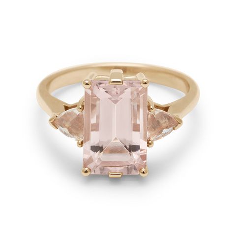 Size 6 ready to ship. Can be resized, please allow approximately 10 business days to ship resized ring. Details 11x7mm emerald cut pink morganite center with 3mm peach morganite trillion side stones in 14k recycled yellow gold. Each gemstone is unique and may vary in shade and appearance from what is depicted on the si Signature Rings, Peach Morganite, Emerald Cut Rings, Three Stone Ring, Pink Morganite, Grey Diamond, Stone Collection, Fine Jewelry Collection, Three Stone Rings