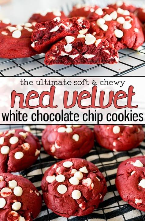 Red Velvet Cookies with White Chocolate Chips are thick and chewy with the classic Red Velvet color and taste. This No Chill recipe is perfect for any occasion! |Cooking with Karli| Thick Cookie Recipes, Red Velvet Color, Red Velvet Chocolate Chip Cookies, Cookies With White Chocolate Chips, Red Velvet Cookie Recipe, Cookies With White Chocolate, Cooking With Karli, Christmas Cookie Recipes Holiday, Easy Crepe Recipe