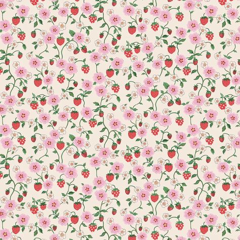 A cute strawberry flower and fruit design with decorative details. Shown in the spring colourway of pink and red. Vintage Fruit Wallpaper, Fun Bright Wallpaper, Strawberry Prints, Cath Kidston Wallpaper, Cute Wallpaper Iphone, Strawberry Wallpaper, Pink Prints, Cute Home Screen Wallpaper, Thought Daughter