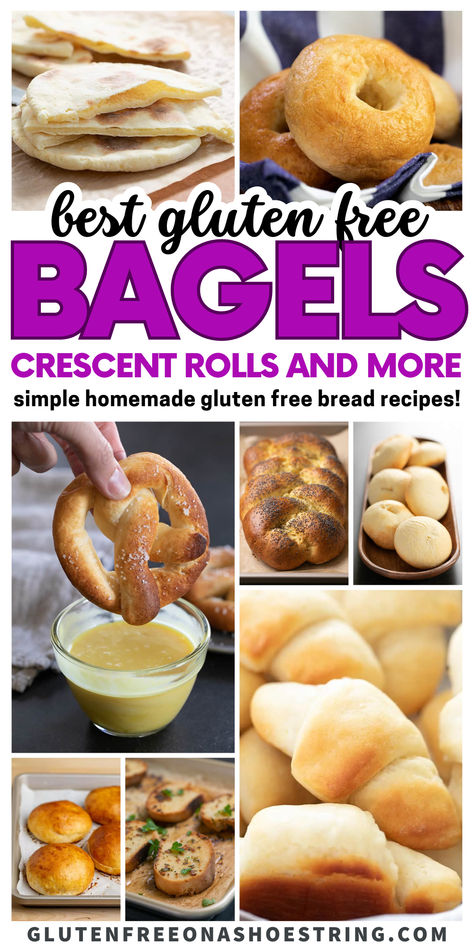 pita, bagels, croissants, crescent rolls, challah bread, rolls and garlic bread are featured here Gluten Free Challah Bread, Boiled Bagels, Gluten Free Soft Pretzel Recipe, Gluten Free Bagel Recipe, Gluten Free Challah, Gluten Free Bread Recipes, Gluten Free Bread Recipe Easy, Gluten Free Bread Recipe, Gluten Free Baguette