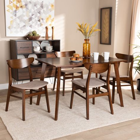 Light Grey Fabric, Set Meja Makan, Solid Wood Dining Set, 4 Dining Chairs, 5 Piece Dining Set, Baxton Studio, Modern Transitional, Beige Fabric, Table Seating