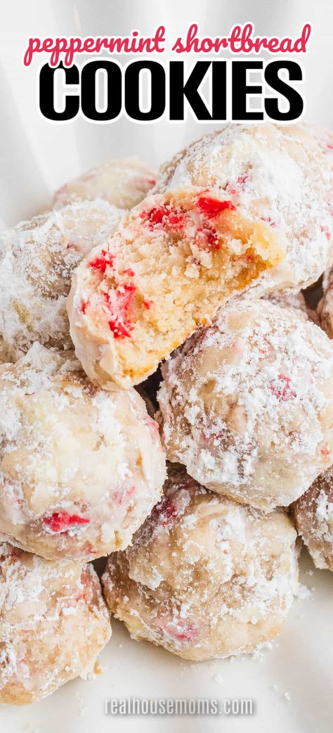 Peppermint Shortbread Cookies are little bites of Christmas-y heaven. Melt-in-your-mouth shortbread cookies are studded with candy pieces then coated with powdered sugar. Peppermint Shortbread Cookies, Shortbread Christmas Cookies, Peppermint Shortbread, Shortbread Christmas, Christmas Crunch, Cool Christmas, Peppermint Candy, Shortbread Cookies, Holiday Cookies