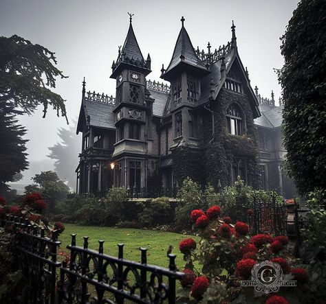 Vampire House Entrance, Goth Mansion Exterior, Gothic Houses Victorian, Witchy Architecture, Victorian House Garden, Gothic Architecture Aesthetic, Gothic House Exterior, Goth Mansion, Dark Cottagecore House