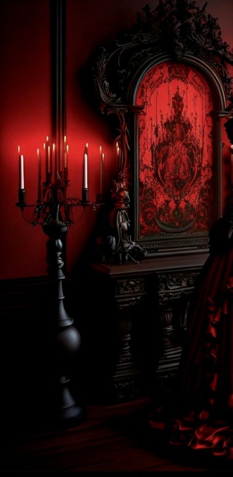 . Red And Black Victorian Bedroom, Gothic Mansion Aesthetic, Black Victorian Bedroom, Red Gothic Aesthetic, Black Cathedral, Gothic Movies, Orange Dining Room, Mansion Aesthetic, Gothic Mansion