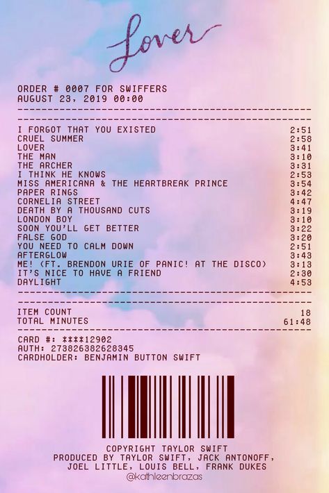 album receipt of lover by taylor swift Lover Taylor Swift Song List, Lover Taylor Swift All Songs, The More Lover Chapter Taylor Swift, Lover Tracklist Taylor Swift, Lover Print Taylor Swift, Lover Taylor Swift Receipt, Taylor Swift Lover Receipt, Lover Album Receipt, Taylor Swift Debut Receipt