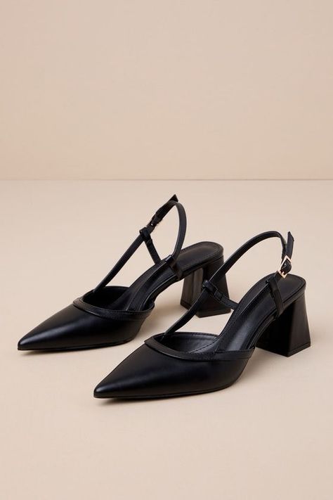 Sadia Black Pointed-Toe Slingback Pumps Womens Shoes For Work, Professional Shoes Women, Summer Work Shoes, Pointed Block Heels, Business Formal Shoes, Office Shoe, Black Slingback Heels, Work Heels, Hak Tinggi