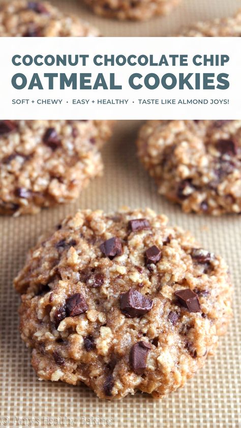 Almond Joy Oatmeal, Oatmeal Coconut Chocolate Chip Cookies, Almond Joys, Chocolate Chip Cookies Soft, Chocolate Chip Oatmeal Cookies Healthy, Sugar Free Oatmeal, Chocolate Coconut Cookies, Simple Chocolate Chip Cookie Recipe, Chocolate Chip Oatmeal Cookies