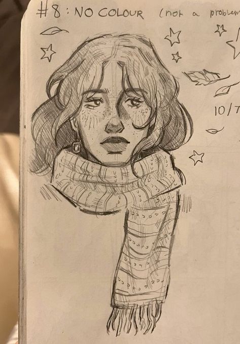 Drawing Scarf Reference, Sketch Book Art Aesthetic, How To Draw A Scarf, Scarf Reference Drawing, Cutesy Drawings, Sketchy Art Style, Scarf Sketch, Scarf Drawing, I Love Drawing