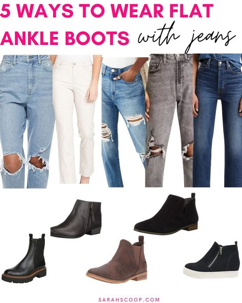 Outfits With Ankle Socks, Mom Jeans And Ankle Boots, Ankle Boots With Bootcut Jeans, What Pants To Wear With Ankle Boots, Styling Black Ankle Boots, What Jeans To Wear With Ankle Boots, Flat Booties With Jeans, Flat Ankle Boots Outfit For Women, Boots With Ankle Jeans