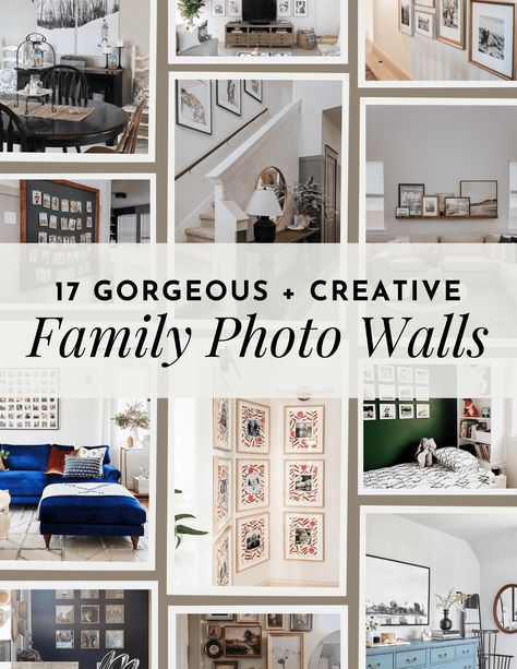 Ideas and Inspiration for creating a family picture wall display in your home. Ways To Display Family Photos On Wall, Mixing Family Photos With Art, Photo Tile Wall, Displaying Pictures On Wall, Family Photos Wall Display, Family Portrait Wall Display, Family Wall Pictures Ideas, Family Photo Display Ideas, Picture Wall Display