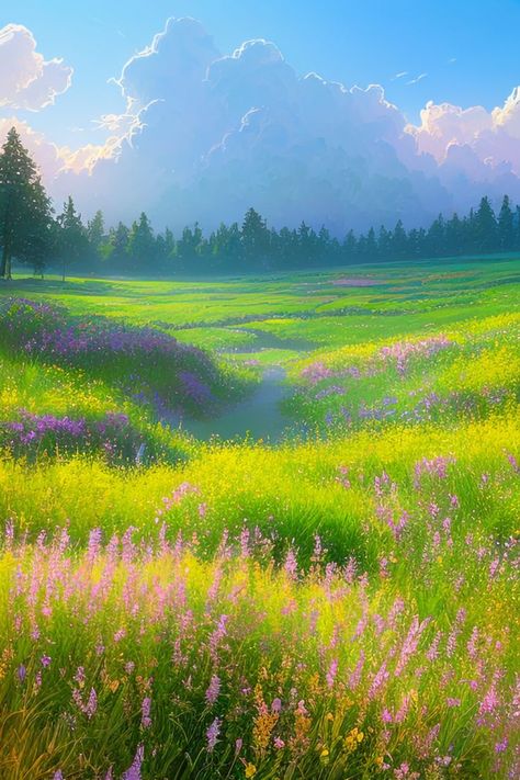 Whispering Meadows Peaceful Backgrounds, Canvas Art Landscape, Natural Scenes, Artwork Landscape, Green Meadow, Lush Forest, Nature Posters, Forest Painting, Landscape Canvas Art