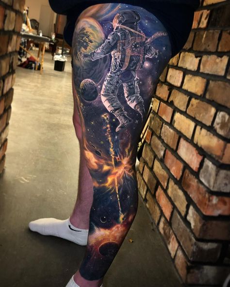 Space tattoo by Ben Kaye @dbkaye Leg Sleeve Tattoo Men, Sleeve Tattoo Men, Galaxy Tattoo Sleeve, Space Sleeve, Space Tattoo Sleeve, Leg Tattoos For Men, Upper Leg Tattoos, Best Leg Tattoos, Space Tattoos