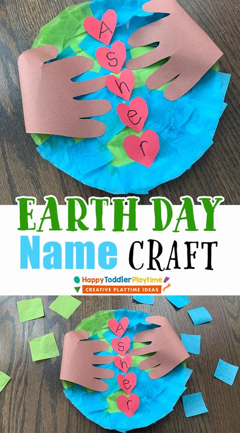 Earth Day Name Craft for Preschoolers - Happy Toddler Playtime Earth Week Preschool, Earth Day Preschool Activities, April Preschool, Earth Day Craft, Earth Activities, Spring Crafts Preschool, Prek Crafts, April Activities, Craft For Preschoolers