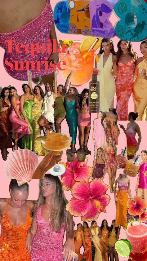 Neon Group Outfits, Tequila Sunrise Birthday Theme, Tequila Sunrise Theme Party, Amalfi Coast Theme Party Outfit, Tropical Theme Outfit, Miami Themed Party, Sunset Themed Party, Tequila Sunrise Theme, Tequila Sunrise Outfit