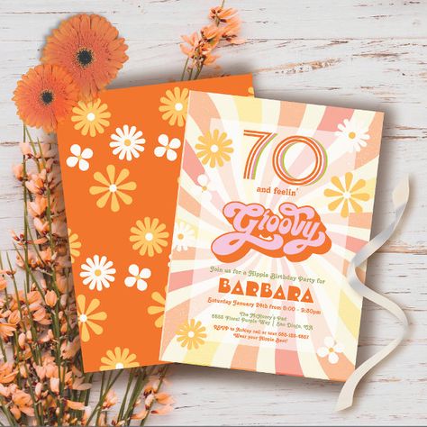 Retro Hippie 70's 60's Groovy Birthday Party Invitation 70s Birthday Party Ideas, 70s Themed Birthday Party, Flower Power Party, Groovy Birthday Party, Hippie Birthday Party, Birthday Party Box, 70s Theme Party, Retro Invitation, 70th Birthday Party