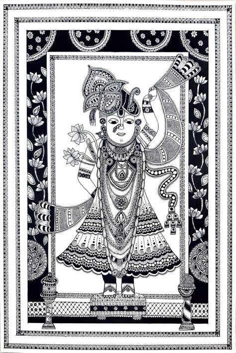 Shree Krishna Mandala Art, Shreenathji Mandala Art, Shree Krishna Drawing, Jay Shree Krishna, Pichwai Painting, Easy Mandala, Krishna Drawing, Kalamkari Painting, Color Drawing Art