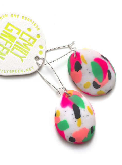 Hand-formed drop earrings made from polymer clay with a colourful tropicana splodgy, painterley pattern. Earrings measure approximately 4cm in d... 8 December, Exhibition Building, Clay Stuff, Design Market, Polymer Clay Jewelry Diy, Polymer Crafts, Big Design, Ceramic Earring, Clay Jewelry Diy