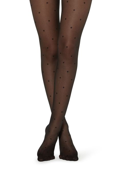 Sheer Polka-Dotted Tights - Patterned tights - Calzedonia Elf Characters, Polka Dot Tights, Branded Outfits, Stocking Pattern, Patterned Tights, Total Black, Stocking Tights, Sheer Tights, Black Stockings