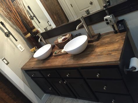 Rustic Bathroom wood countertop Vessel Sink My Diy project stained wood Wood Countertop Bathroom, Bathroom Countertop Ideas, Bathroom Tile Diy, Black Vanity Bathroom, Countertop Ideas, Wood Countertop, Rustic Bathroom Vanities, Grey Countertops, Countertop Design