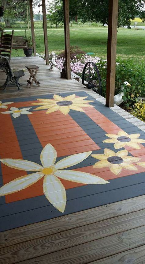 Painted Porch Floors Wood, Painted Wood Floor Designs, Painted Porch Floor Wood, Whimsical Painted Floor, Porch Paint Ideas, Porch Floor Ideas, Floral Painted Wood Floor, Painted Porch Floors, Yard Art Crafts