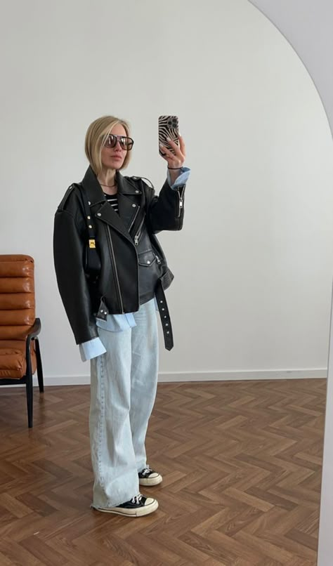 Leather Jacket Outfit 2023 Women, How To Wear A Leather Shirt Outfit, Leather Jacket And Converse Outfit, Outfit Inspo With Leather Jacket, Blue Biker Jacket Outfit, Black Biker Leather Jacket Outfit, Outfits With Biker Jacket, How To Style Biker Jacket, Leather Jacket Shirt Outfit