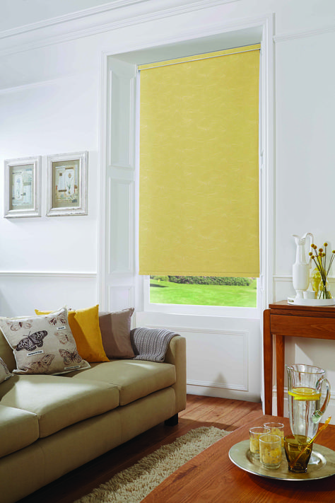 Choose at Home Blinds - Wild Primrose Yellow Blind, Yellow, Window blind, roller blind, sofa, chair, frame, wooden floor Curtains Inspiration, Wild Primrose, Home Blinds, Yellow Window, Curtain Inspiration, Primrose Yellow, Chair Frame, House Blinds, Bedroom Curtains