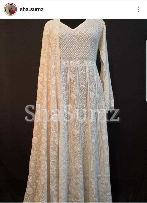 Chikankari Lakhnavi Gown Pattern, Chikankari Suits Party Wear Bollywood, Chicken Kari Kurta With Mirror Work, Chikankari Gown, Lucknowi Chikankari Suits, Elegant Anarkali, Lucknowi Suits, Chikankari Anarkali, Designer Bridal Lehenga Choli