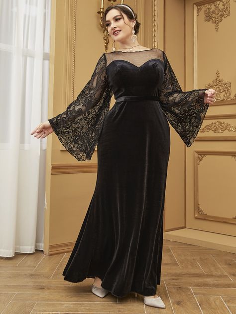 Velvet Dress With Lace, Velvet Dress Designs Gowns, Hijab Prom Dress, Trumpet Sleeve Dress, Full Figure Dress, Velvet Lace Dress, Velvet Prom Dress, Plus Size Prom, Velvet Dress Designs