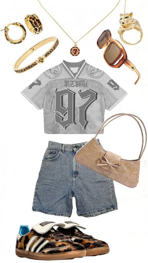 #outfitinspo #outfit #fashion #streetstyle #inspo #jorts #cheetahprints #gold #gray Descendants Clothes, Gold Outfit, Grey And Gold, Summer Outfit, Summer Outfits, Street Style, Wardrobe, Grey, Outfit Inspo