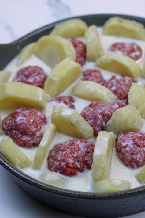 Meatballs with Potatoes and Cheese Meatballs And Potato Slices, Meatball Potato, Meatballs And Sliced Potatoes, Meatball And Potato Casserole, Meatballs Potatoes, Meatball And Potatoes, Boiled Potatoes And Meatballs, Meatballs With Potatoes, Meatballs And Potatoes Recipes