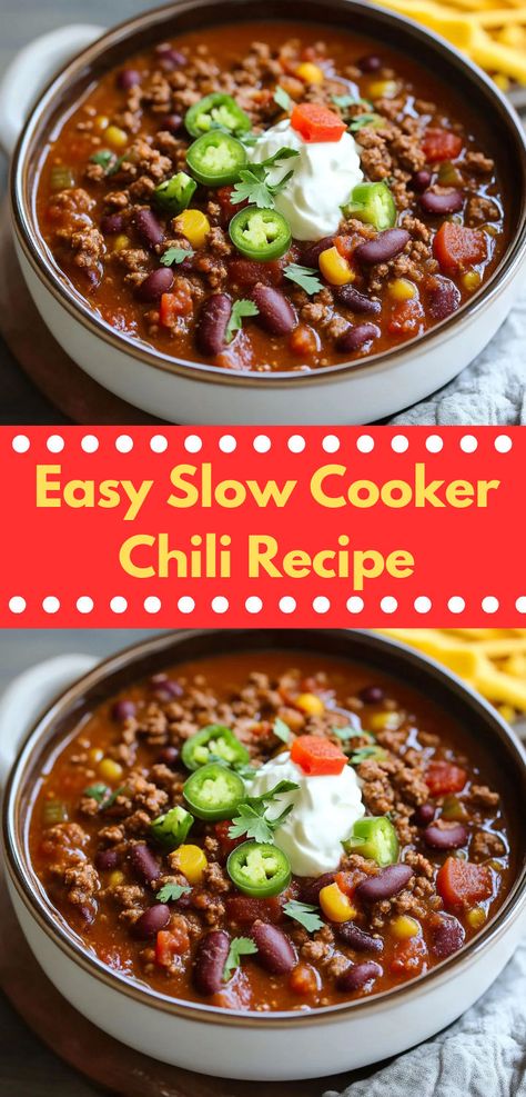 Looking for slow cooker meals? This Easy Slow Cooker Chili Recipe is a great option! Perfect for slow cooker chili, crockpot meal ideas, and simple dinner recipes for family or dinner ideas for two. Beef Chili Recipe Crockpot, Slow Cooker Beef Chili Recipe, Beef Chili Crockpot, Easy Beef Chili Recipe, Easy Slow Cooker Chili, Ground Beef Crockpot Recipes, Slow Cooker Chili Easy, Slow Cooker Chili Beef, Dinner Ideas For Two