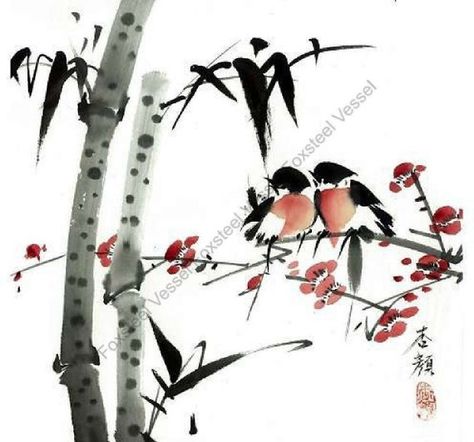 Check out this item in my Etsy shop https://www.etsy.com/hk-en/listing/997704415/love-birds-the-serenade-chinese-plum Sumi E Painting, Chinese Paintings, Ink Paintings, Plum Tree, Chinese Ink, Peach Blossoms, Sumi E, Custom Wall Art, Chinese Painting