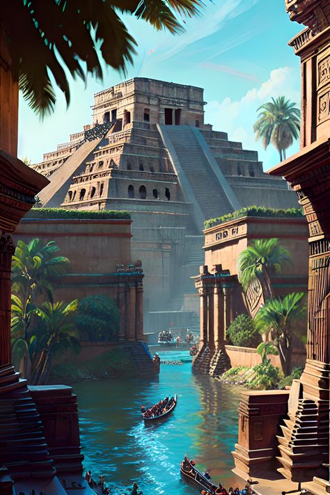 Aztec Architecture Art, Talocan City, Aztec City Concept Art, Mesoamerican Fantasy Art, Tropical City Concept Art, Desert City Fantasy Art, Fantasy Desert City, Fantasy Manor, Aztec Architecture