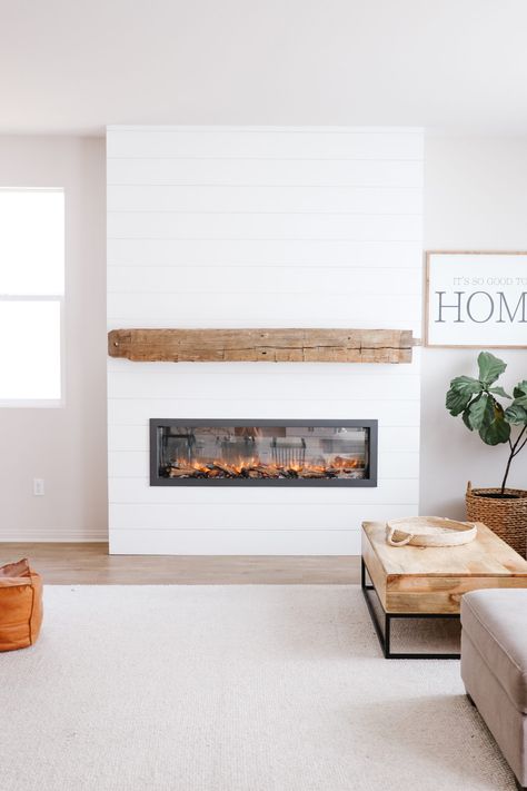 Diy Shiplap Electric Fireplace, Electric Fireplace Build, Shiplap Electric Fireplace, Shiplap Fireplace Ideas, Diy Shiplap Fireplace, Linear Electric Fireplace, Fireplace Dimensions, Diy Home Updates, White Mantel