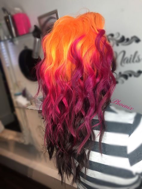 Yellow To Purple Hair, Red And Pink Two Tone Hair, Orange Roots Purple Hair, Purple To Orange Hair, Funky Fall Hair Color, Phoenix Hair Color, Copper And Purple Hair, Ginger And Purple Hair, Purple Orange Hair