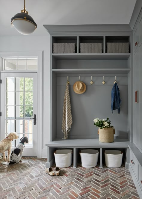 Mudroom Herringbone Tile, Mud Room With Pantry, Herringbone Brick Mudroom, Jean Stoffer Mudroom, Herringbone Brick Floor Laundry Room, Mud Room Brick Floor, Craftsman Mudroom Ideas, Herringbone Brick Floor Mudroom, Herringbone Brick Floor Entryway