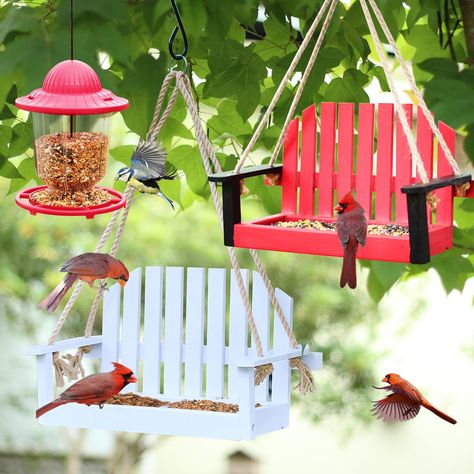 PRICES MAY VARY. Value package sale with Set of 3 Swing Style Bird Feeders Made of premium quality Western Red Cedar Wood for durability and longevity Bonus 1pc Peanut Feeder included for an enhanced bird feeding experience Natural Jute Rope for easy hanging White primed finishing with red Swing UV painted for an attractive look Mesh base tray for easy cleaning and maintenance White Swing Wild Bird Feeder for Outside, Metal Mesh Bottom, Cute Bench Bird Feeder or Squirrel Feeder for Yard, Porch D Rustic Bird Feeders Diy, Whimsical Bird Feeders, Chicken Feeder Repurposed, Bird Feeders Diy, Rustic Bird Feeders, Backyard Birds Feeders, Squirrel Decor, Wood Bird Feeder, Recreational Area