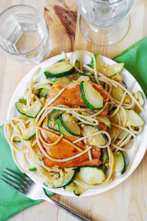 Grilled Salmon Pasta Recipes, Salmon Pasta Recipes Easy, Salmon And Zucchini, Salmon Zucchini, Summer Dinner Recipes Grill, Salmon Pasta Recipes, Grilled Chicken Pasta, Dinner Salmon, Ground Pork Recipes