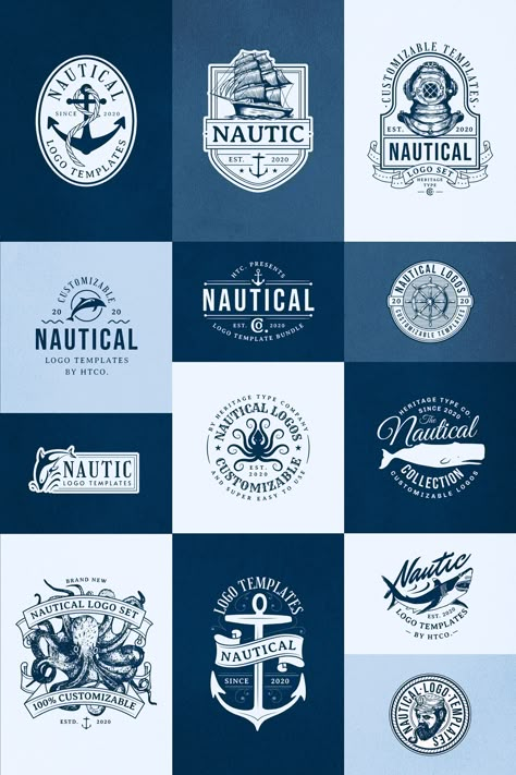 A collection of nautical logo templates Coastal Logo Design, Mystic Museum, Nautical Graphic Design, Coastal Branding, Bbc Logo, Nautical Fonts, Diving Logo, Sailing Logo, Nautical Logo