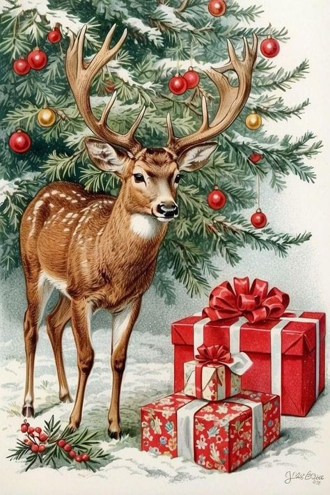 Vintage Christmas Presents, Christmas Deer Illustration, Xmas Artwork, Xmas Postcard, Vintage Christmas Postcards, Vintage Christmas Sign, Images Noêl Vintages, Cozy Love, Deer Artwork