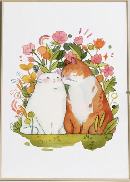 Kiss Print, Cats In Love, Watercolor Cat, Cute Doodle Art, Love Kiss, Art Inspiration Painting, Cat Drawing, Whimsical Art, 귀여운 동물