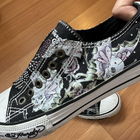 Ed Hardy Wedges, Ed Hardy Converse, Ed Hardy Cargos, Ed Hardy Clothing, Ed Hardy Black Cargos, Ed Hardy, Lace Design, Slip On Sneakers, Slip On