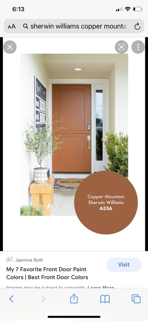 Brown Exterior Door Paint Colors, Rust Orange Front Door, Grey House Orange Door, Cavern Clay Front Door, Copper Color Front Door, Rust Front Door, Terra Cotta Front Door, Brown House Door Color Ideas, Rust Colored Front Door