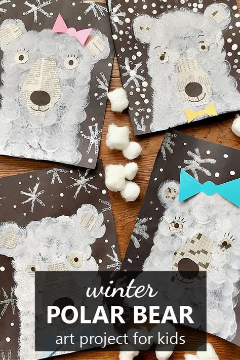 Winter polar bear art project Winter Craft Elementary, Arctic Projects For Kids, Fun Winter Art Projects For Kids, Polar Bear Kids Craft, Winter Art 1st Grade, Polar Animals Kindergarten, Kinder Winter Art, Polar Bear Activities For Kids, Winter Themed Art Projects For Kids