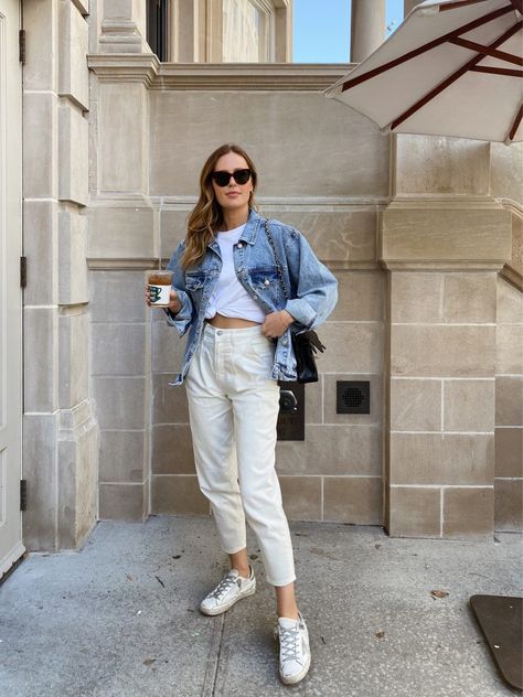 Charlotte Bridgeman, Oversized Jean Jacket Outfit, White Denim Jacket Outfit, White Denim Outfit, 80s Mom, Vibes Outfit, Golden Goose Superstar, White Jeans Outfit, Jean Jacket Outfits