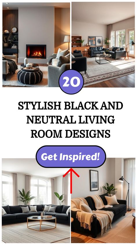 Stylish black and neutral living room designs collage with modern interiors and cozy furnishings. Coffee Table For Black Couch, Cream Beige Black Living Room, Black Neutral Living Room, Living Room With Black Accents, Black And Neutral Living Room, Spooky Facts, Black And Cream Living Room, Black Couch Living Room Decor, Neutral Family Room