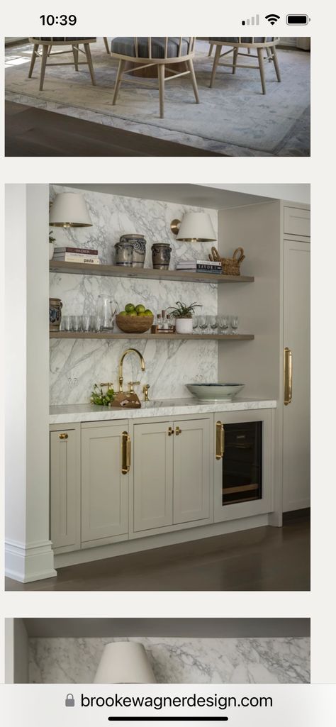 Wet Bar Wallpaper, Coastal Wet Bar, Small Wet Bar, Wet Bar Basement, Appliance Garage, Built In Bar, Stone Backsplash, Carrera Marble, Basement Bar