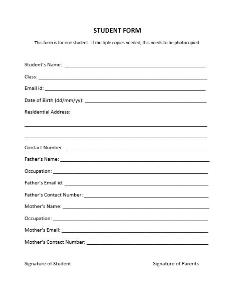 General Student Form for School or Class School Application Form, Student Id Card Template, Birth Certificate Form, Art Class Posters, Passport Application Form, Student Information Form, School Admission Form, Empowerment Activities, Free Receipt Template