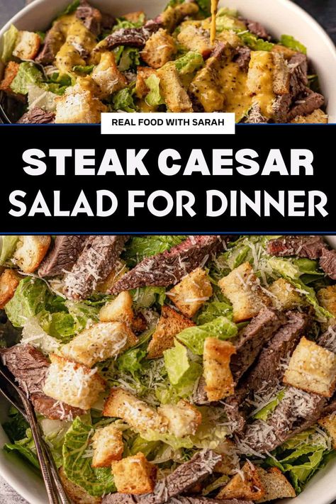 Steak Caesar Salad with rich tender steak strips, croutons and romaine. This easy Caesar salad is prepared and cooked in just 25 minutes and makes a complete meal in iteself! Steak Caesar Salad Recipe, Steak Caesar Salad, Steak Strips, Steak Salad Recipe, Season Recipes, Steak And Onions, Classic Caesar Salad, Caesar Salad Recipe, Tender Steak